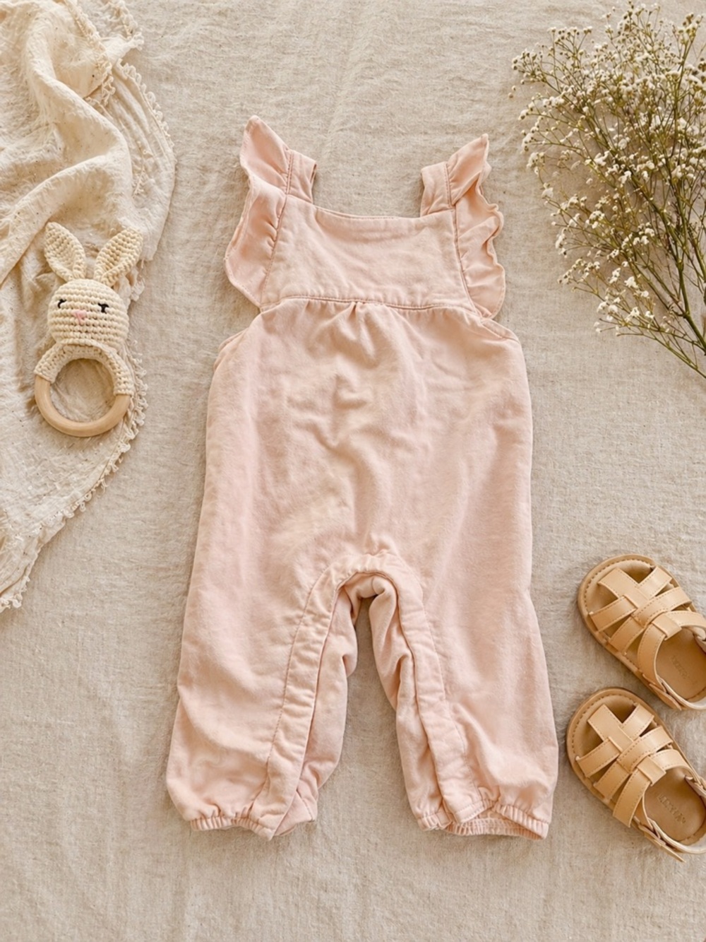 City Mouse Baby Girl Romper 0-3 M | Blush Pink Flutter Sleeve Overalls Neutral